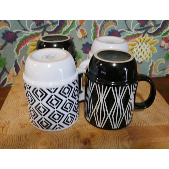 Boston Warehouse 4 Stackable Coffee Tea Mugs Cups Black White Geometric Pattern - Picture 8 of 16
